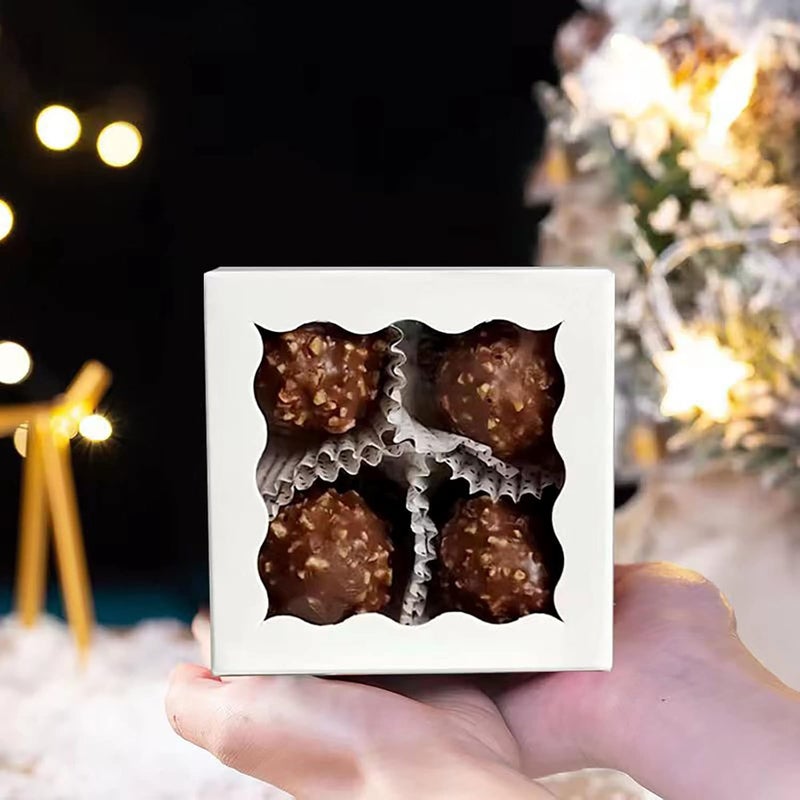 RomanticBaking 3 ¼" x 3 ¼" x 1 ½" 50PCS Chocolate Truffle Boxes for 4，Cookies Boxes Mini Bakery Boxes with Window for Brownie,Soap,Donut - Image 2